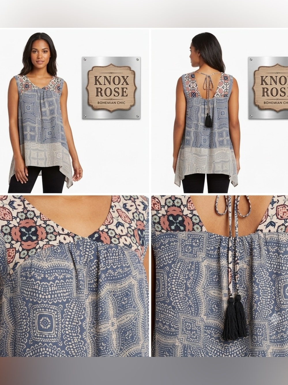 Knox Rose Tassel Tie Sleeveless Handkerchief Cut Top S